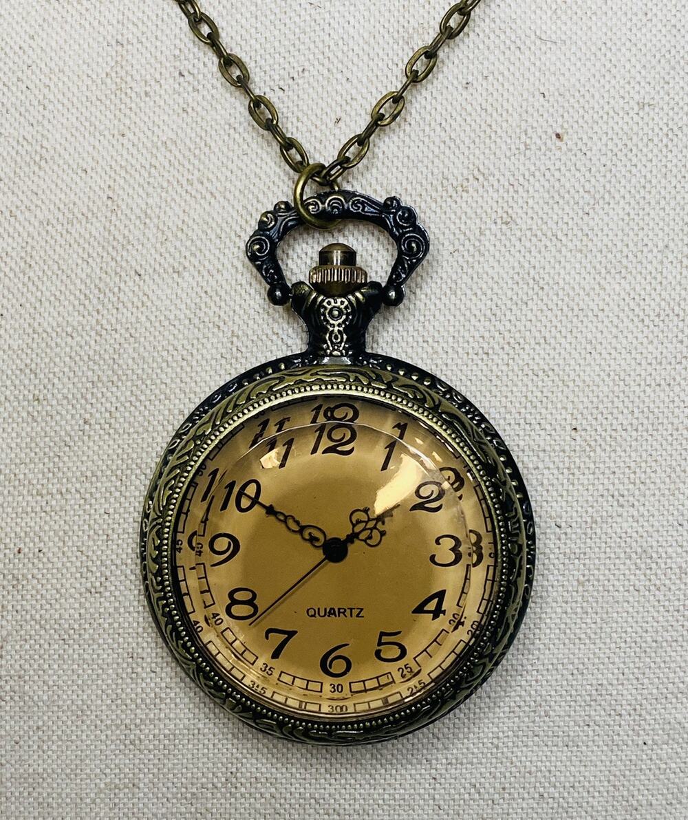 NWT Pocket Watch Double-Sided Necklace- Amber Beveled Glass - New Battery Goth